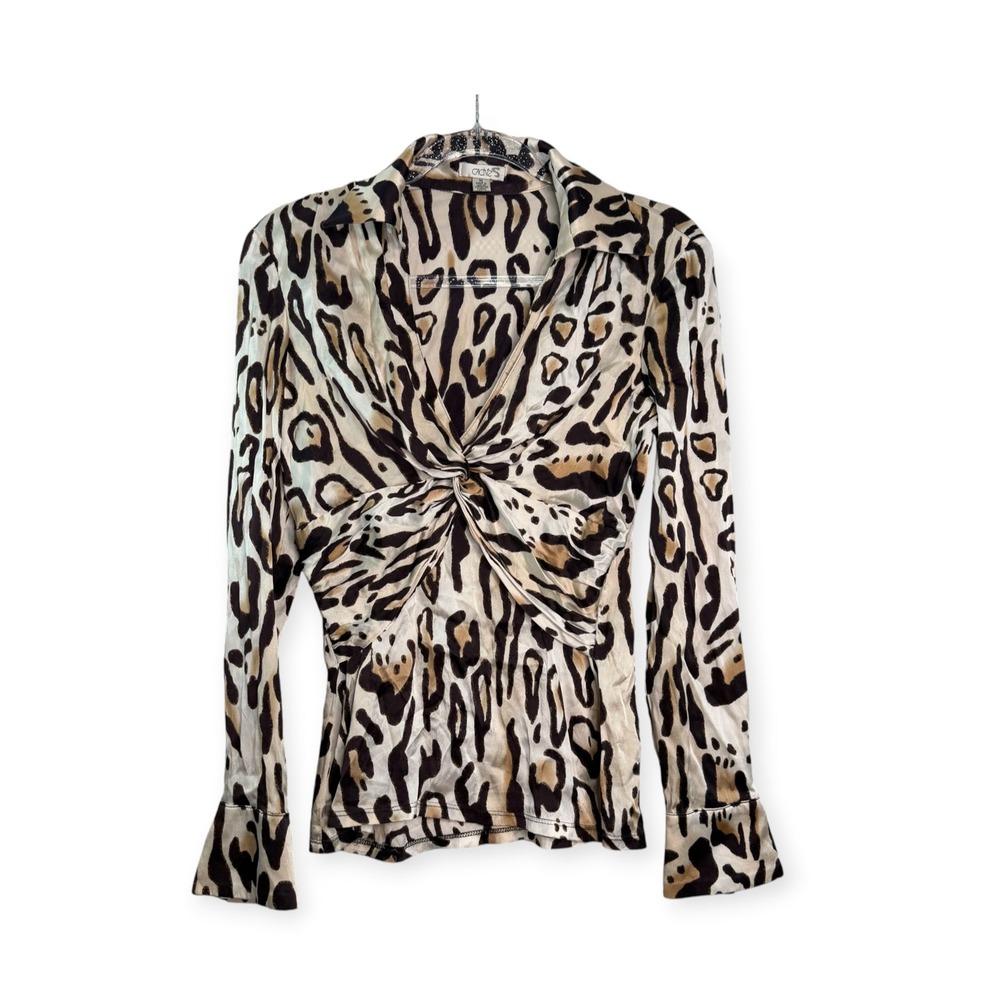 Cache Womens Medium Silk Leopard Print Twist Front Long Sleeve Blouse Brown